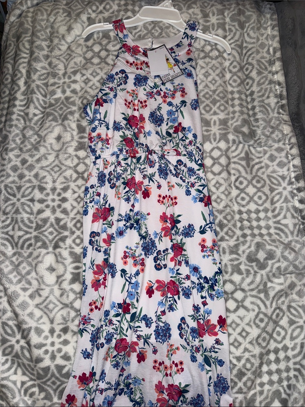 Three Hearts White Maxi Dress with Pink and Blue Floral Print